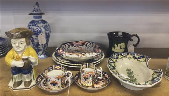 Pair of Derby plates (a.f), a Derby Imari pattern shaped dish & two similar cups & saucer sets